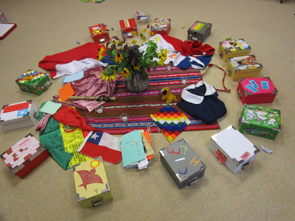 in der Mitte: die mitgebrachten Gegenstände, die an das Freiwilligenjahr erinnern- eingerahmt von den „Schatzkästchen“,  die mit Gedanken, Texten, Wünschen  Bildern gefüllt werden
